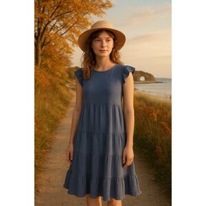 Brannan Blue 100% Cotton Gauze Midi Dress Size M Cottagecore Coastal Fall